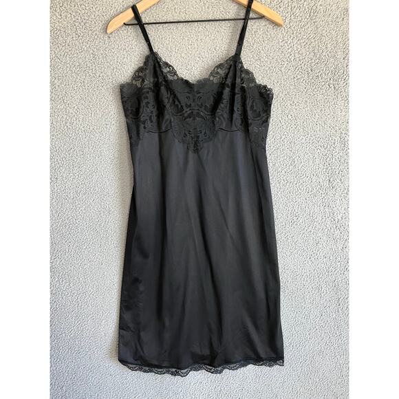 Unbranded Other - Vintage Satin Full Slip Knee Dress Small 36 Sheer Lace Black Lingerie Goth Sexy